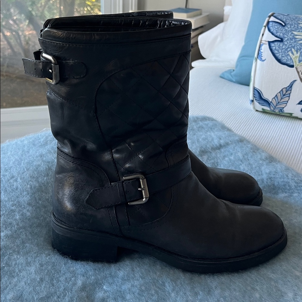 Aquatalia by Marvin k black leather moto style boots with quilting.